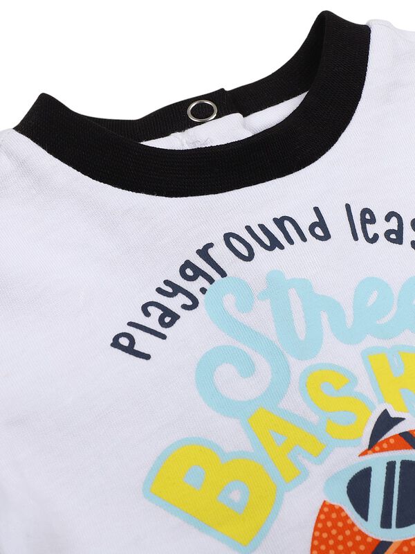 Boys White & Black Printed Short Sleeve Knitted T- Shirt image number 2